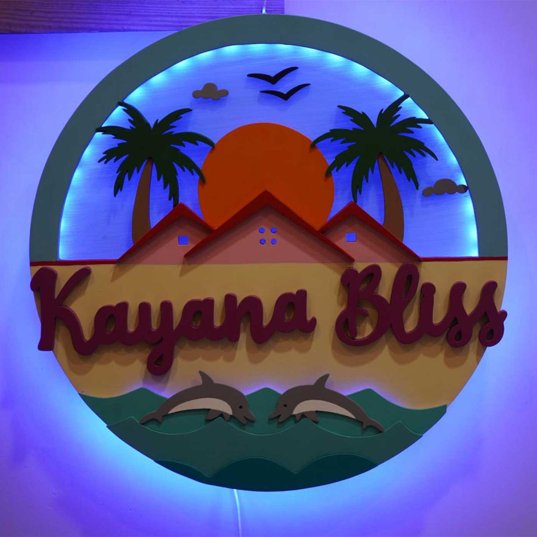 Personalized Beach Theme Mdf Wood Round Name Plate With Back Light - Front View with Blue Backlighting