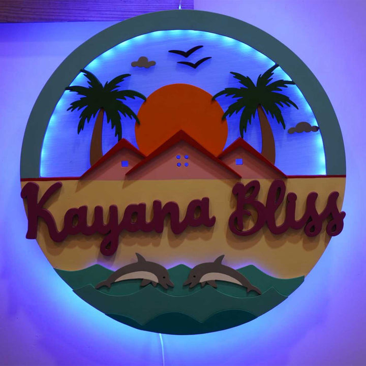 Personalized Beach Theme Mdf Wood Round Name Plate With Back Light - Front View with Blue Backlighting