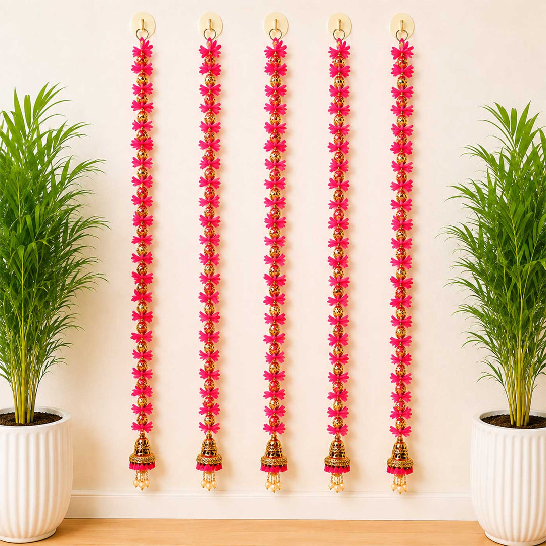 Handcrafted Artificial Flower Pink Tassel Hangings With Gold Bead Detailing
