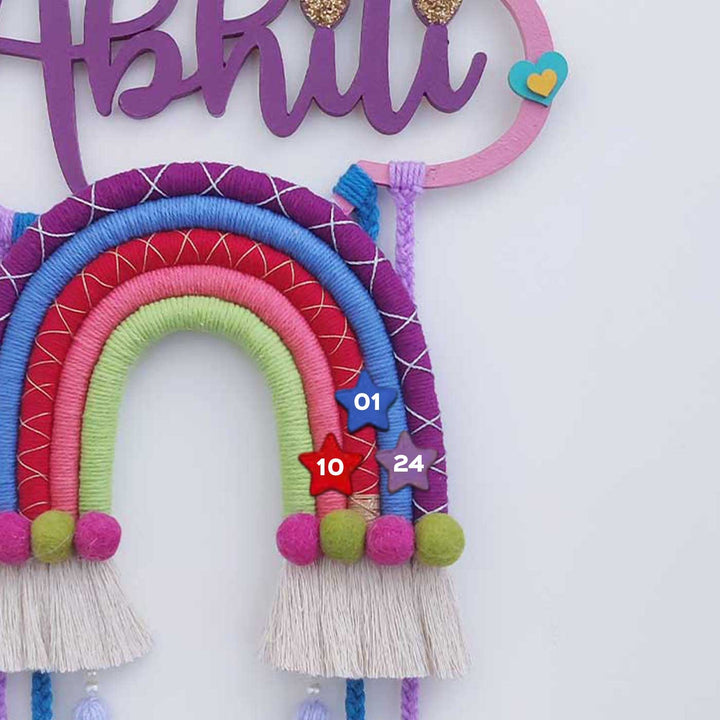 Personalized Handmade Macrame Cloud Rainbow And Tassels Kids Name Plate With 3D Letters - Close-up of Hanging Wall Decor