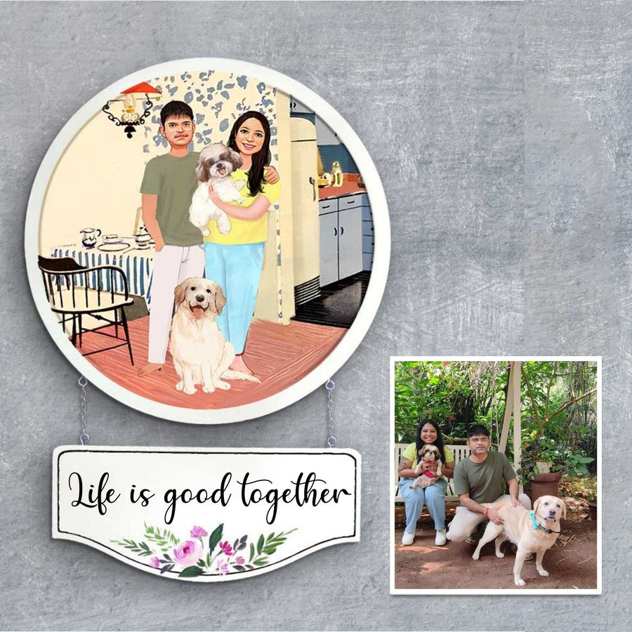 Photo Caricature Hanging Nameplate Couples With Pets 5 - Framed Personalized Illustration with Photo