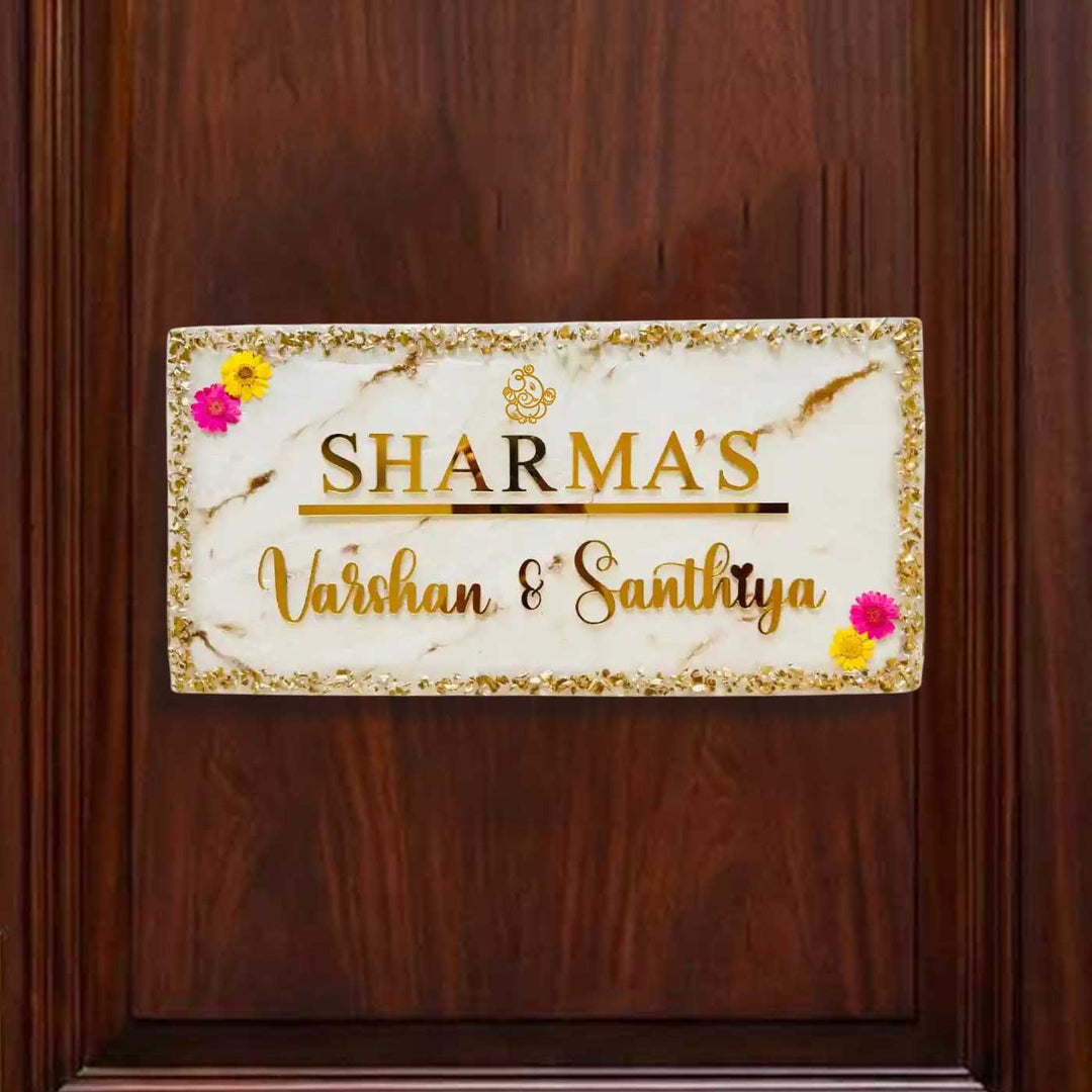 White & Gold Personalized Marble Effect Rectangle Resin Name Plate | With 3D Acrylic Letters, Gold Stone Embellishment & Natural Flowers