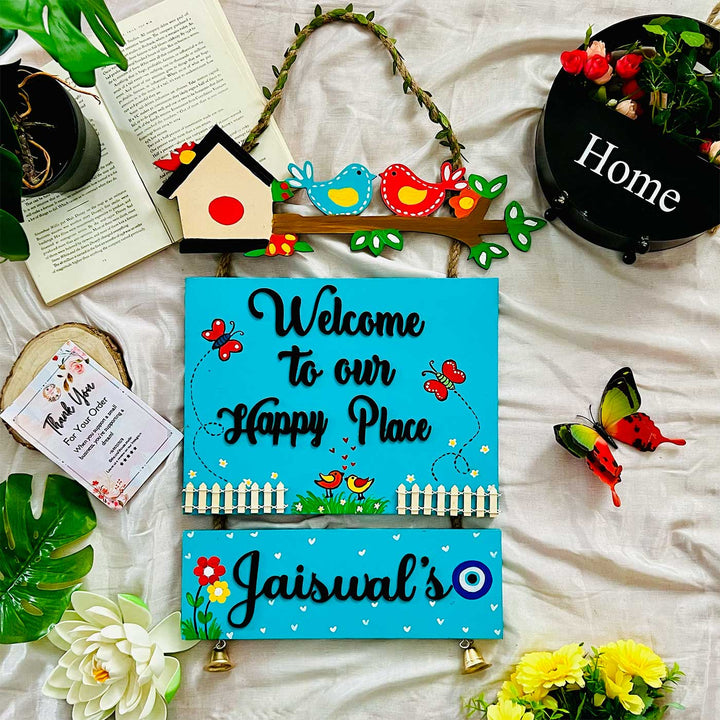 Personalized Birds Themed Mdf Wood Name Plate - Front View Hanging Display