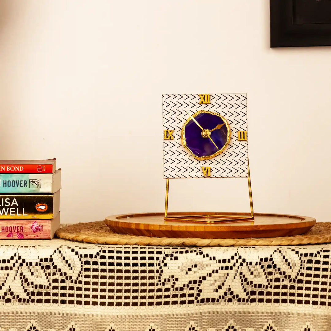 Black And White Square Cotton Fabric Coated MDF Desk Clock With Agate Accent | 6 x 4 x 3.5 inch