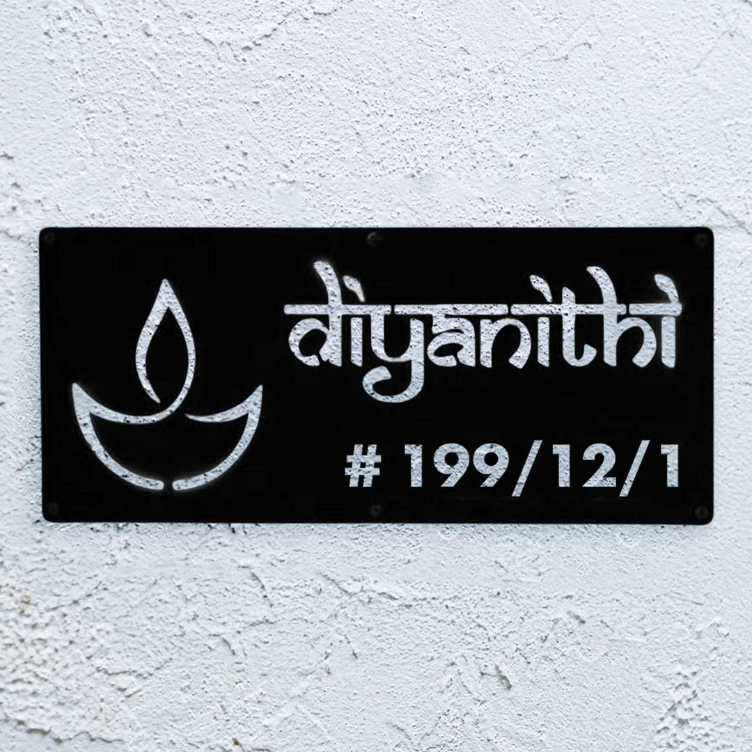 Personalized Waterproof Diya Design Laser Cut Metal Led Name Plate - Front View Mounted on Wall