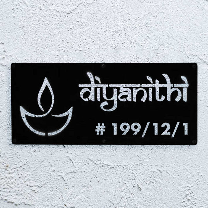 Personalized Waterproof Diya Design Laser Cut Metal Led Name Plate - Front View Mounted on Wall
