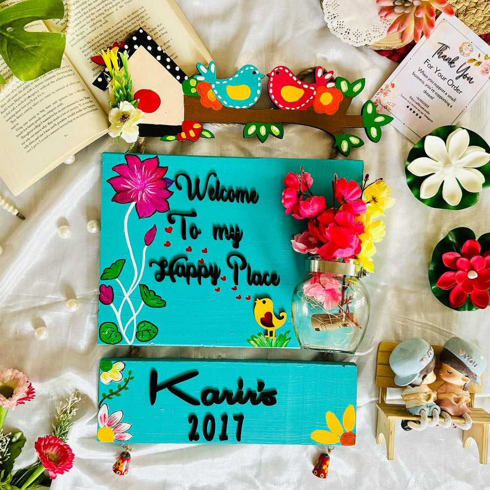 Personalized Birds Themed Teal Blue Planks Mdf Wood Name Plate - Flat Lay with Decorative Items