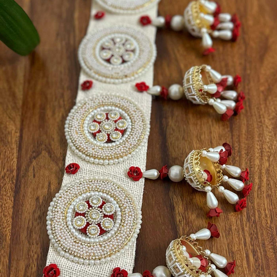 40 In | Handmade Beaded Boho Red And White Jute Toran