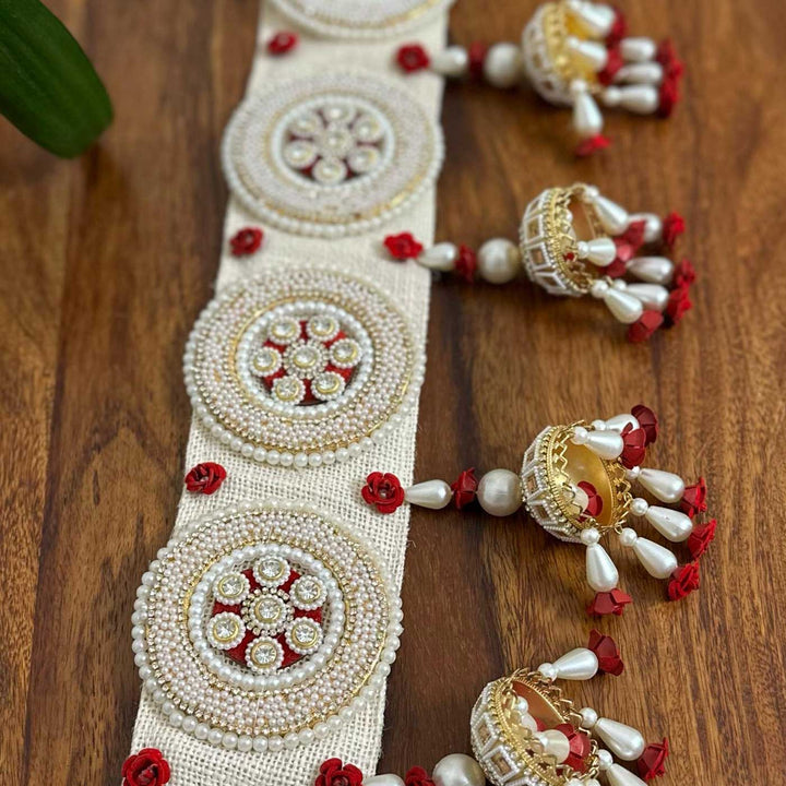 40 In | Handmade Beaded Boho Red And White Jute Toran
