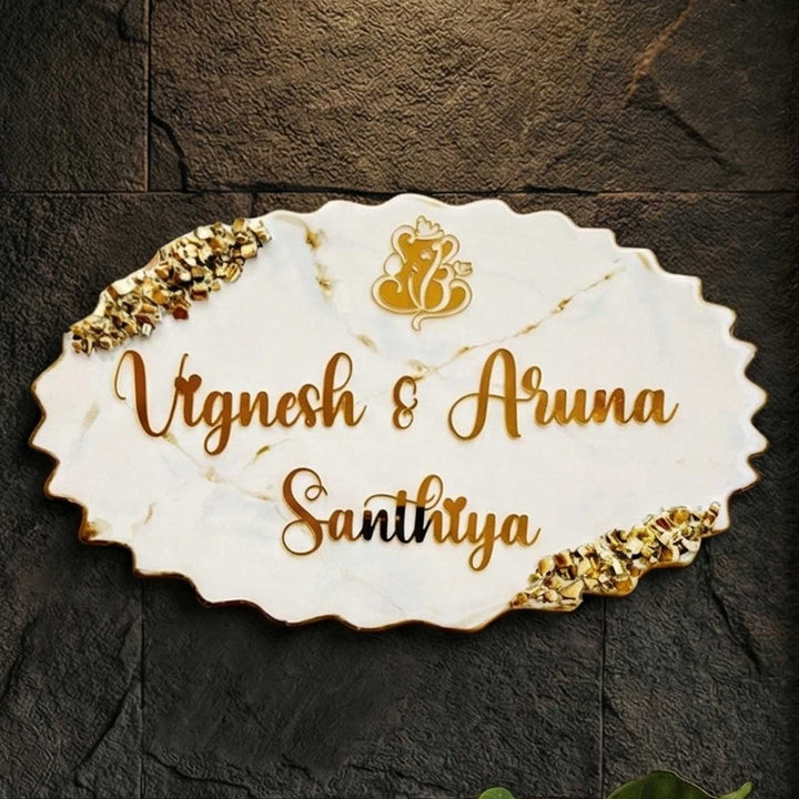 White & Gold Personalized Marble Effect Oval Resin Name Plate | With 3D Acrylic Letters & Gold Stone Embellishment