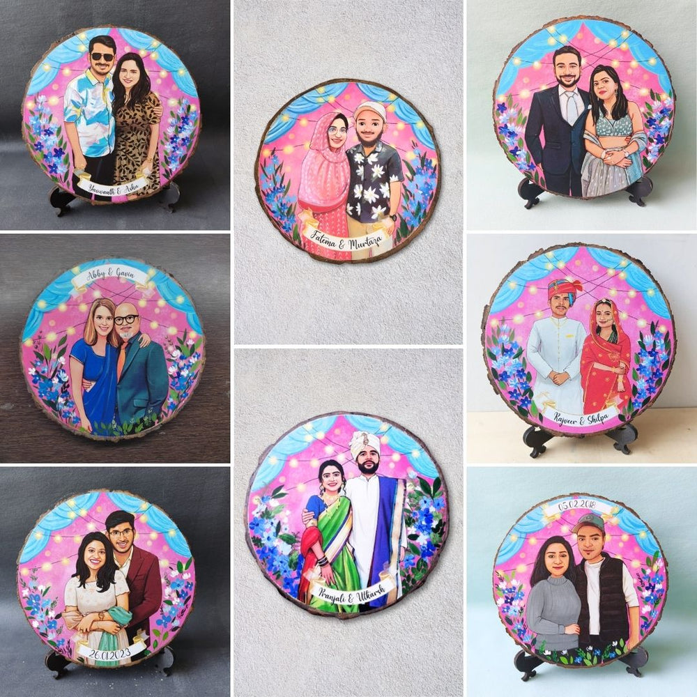 Photo Caricature Bark Nameplate With Stand For Wedding Couples - Multiple Front View on Stands and Wall