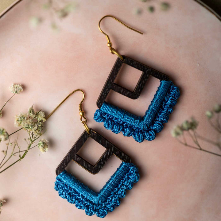 Handmade Crochet Indigo Square Loop Earrings
