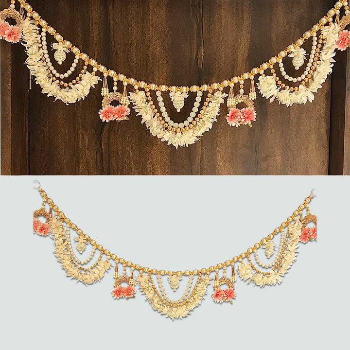 40 / 44 In | Handmade Festive White Gajra With Moti Toran