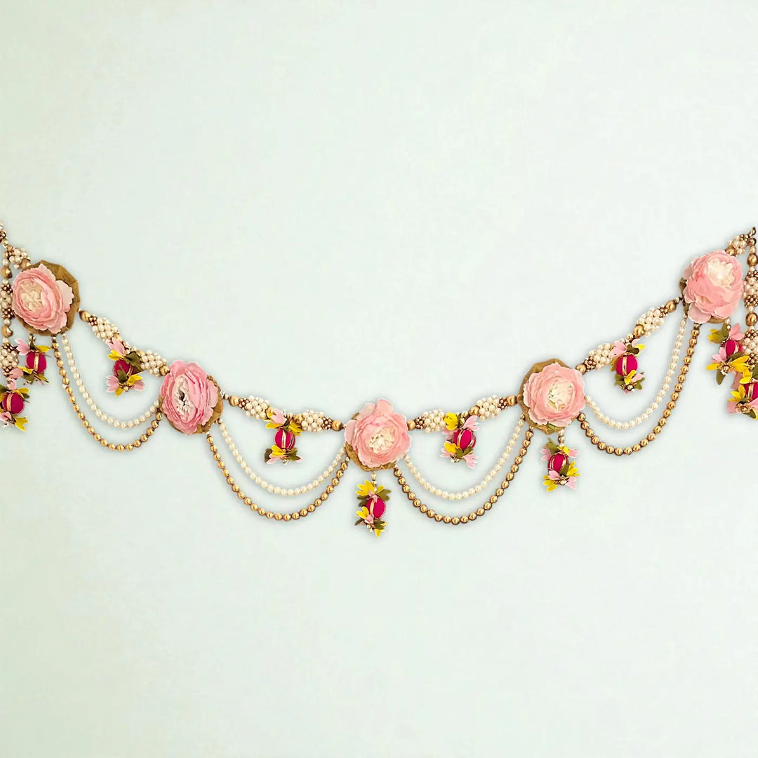 40 / 44 In | Handmade Beaded Pink Rose Flower & Moti Toran