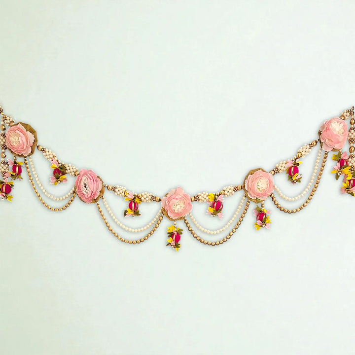 40 / 44 In | Handmade Beaded Pink Rose Flower & Moti Toran