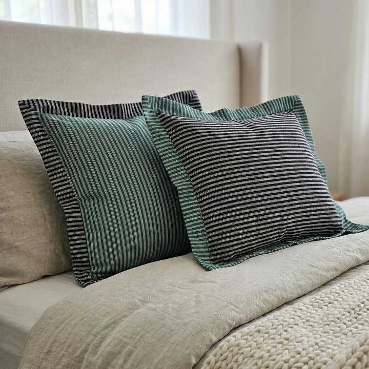 2 Pc | Green & Black Striped Cotton Cushion Cover