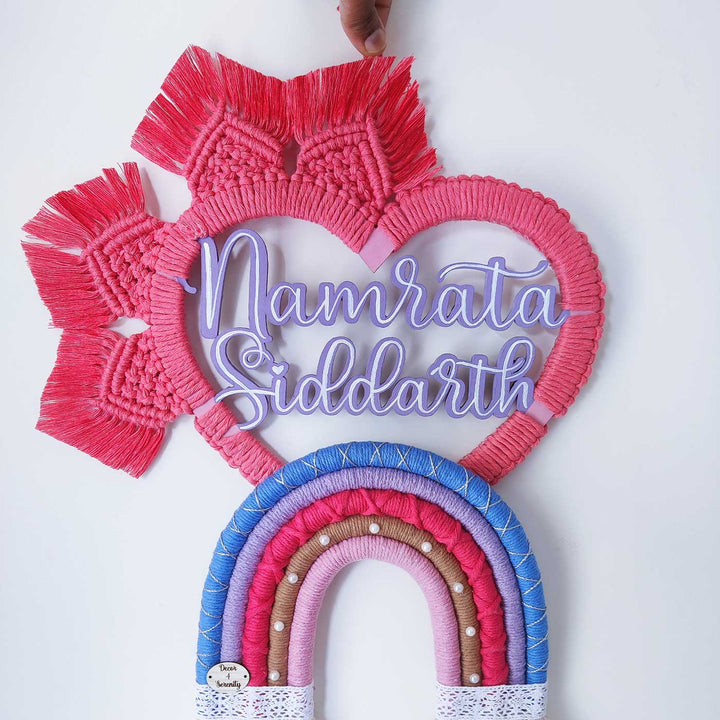 Personalized Handmade Macrame Pink Heart Shaped Kids Name Plate With 3D Letters - Handheld Name Personalization Example