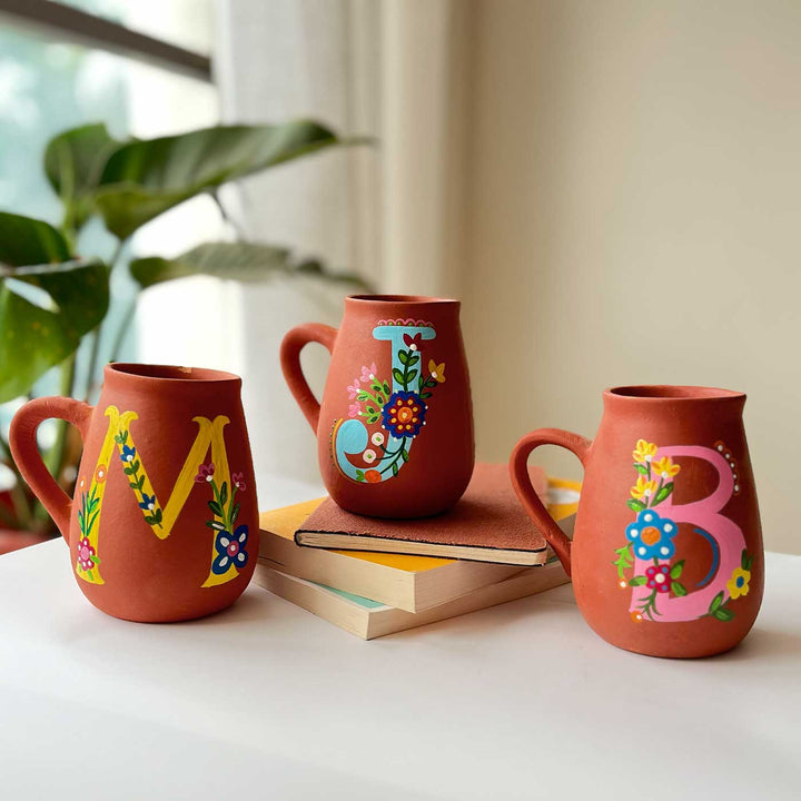 Personalized Hand-painted Floral Theme Monogram Terracotta Mug - Q
