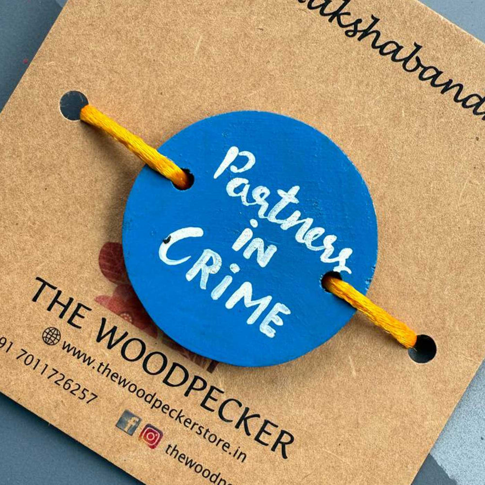Personalized Hand Painted Partner In Crime Wooden Rakhi With Roli Chawal - Packaged Display with Branding Card