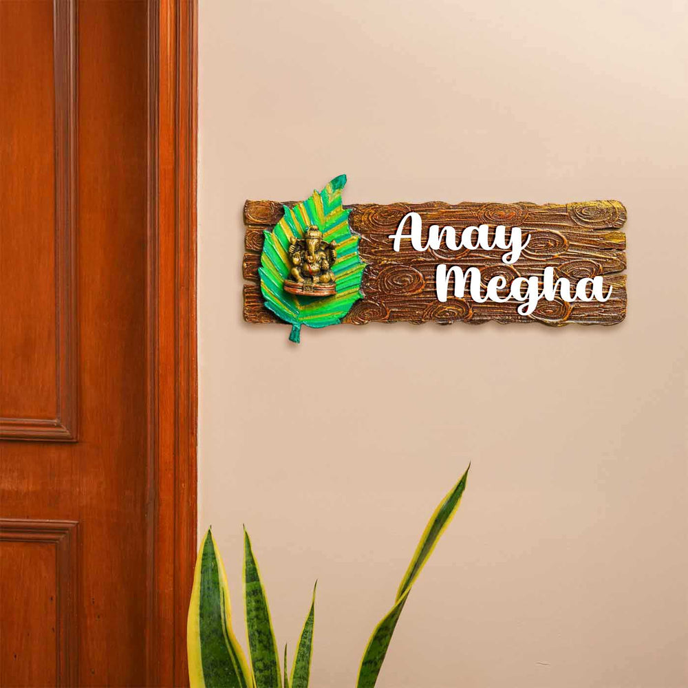 Personalized Ganesha On Leaf Theme Mdf Wood Name Plate - Mounted on Entryway Wall