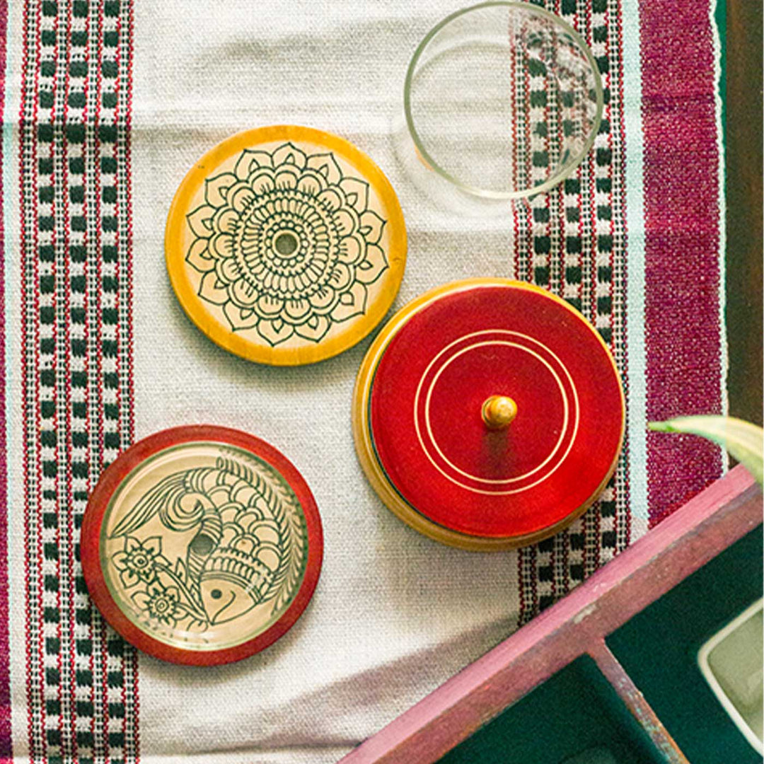 Set Of 4 | Hand-Painted Channapatna Wooden Coasters With Base Stand For Coffee Table & Home Hosting