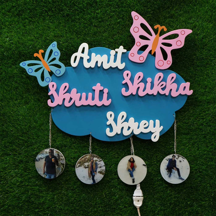 Personalized Butterfly Theme Mdf Wood Kids Name Plate With Back Light - Front View with Hanging Photos