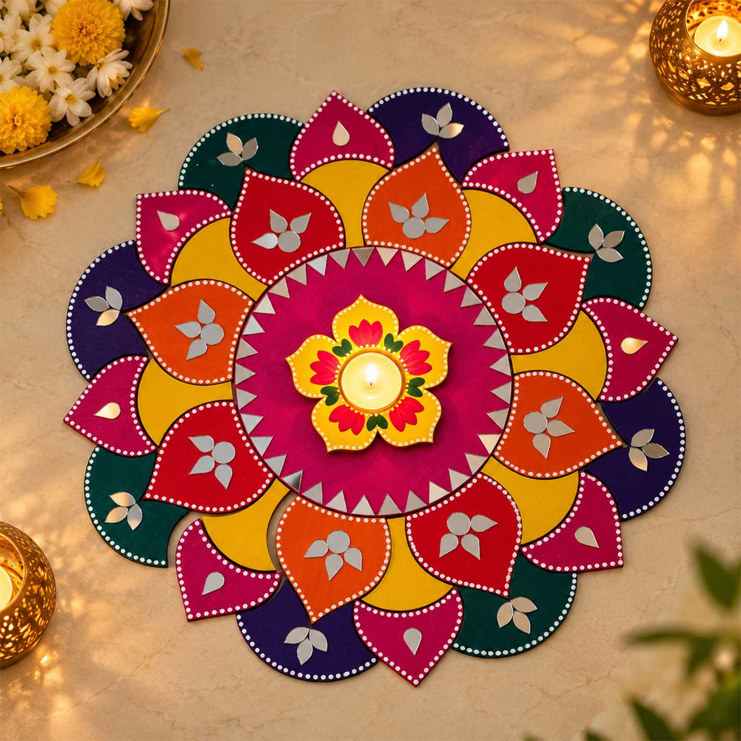 15 Inch | Reusable Gulabi Pushpa Mirror Work Floral Mandala MDF Rangoli with Optional Tealight Holders