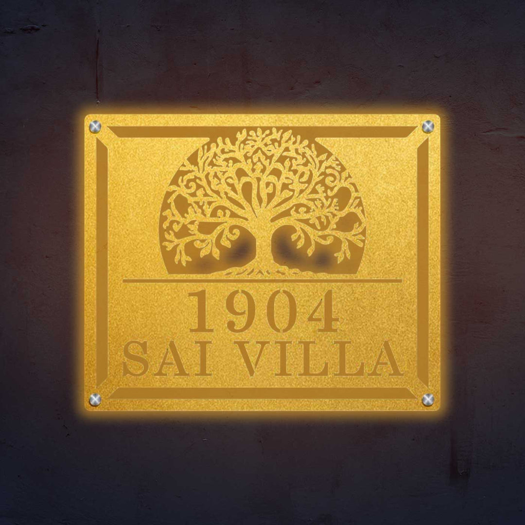 Personalized Laser Cut Tree Of Life Theme Steel Name Plate - Engraving Close-up on Wall