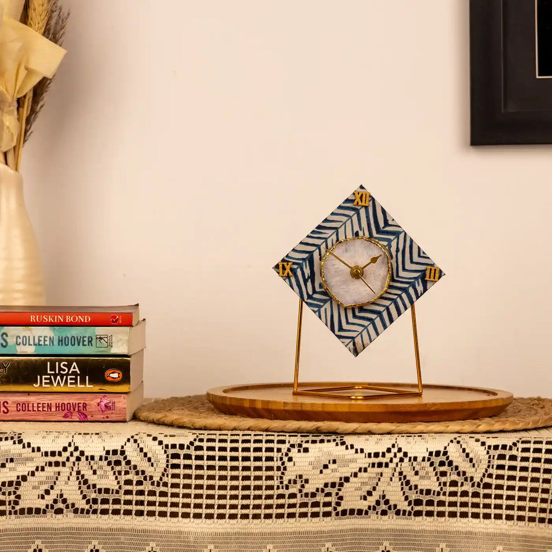 Blue Diamond Cotton Fabric Coated MDF Desk Clock With Agate Accent | 6 x 4 x 3.5 inch