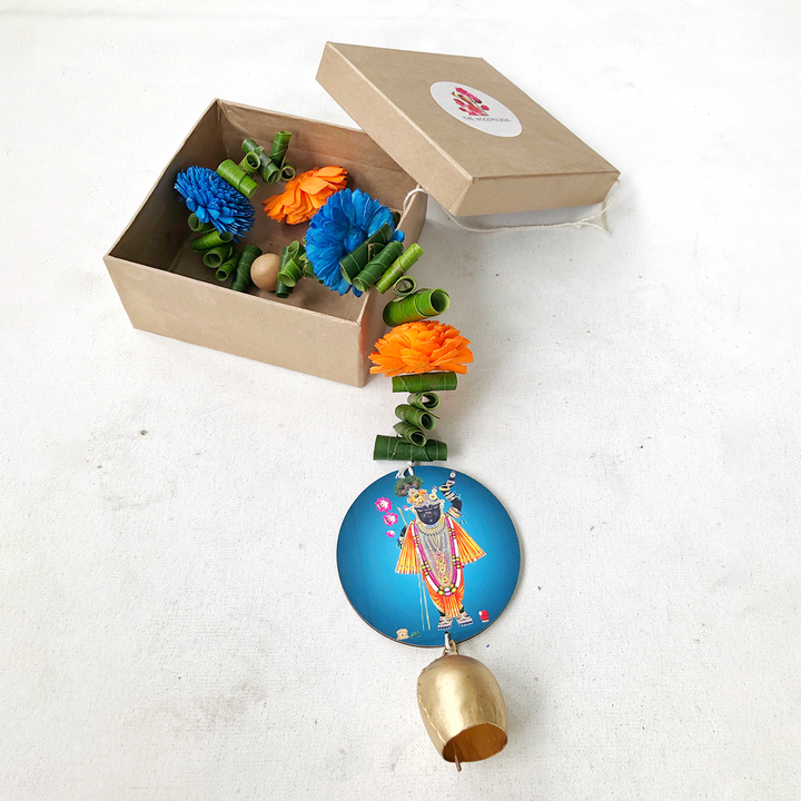 2 Pc | Handmade Divine Blue Krishna With Shola Flowers Wooden Hanging