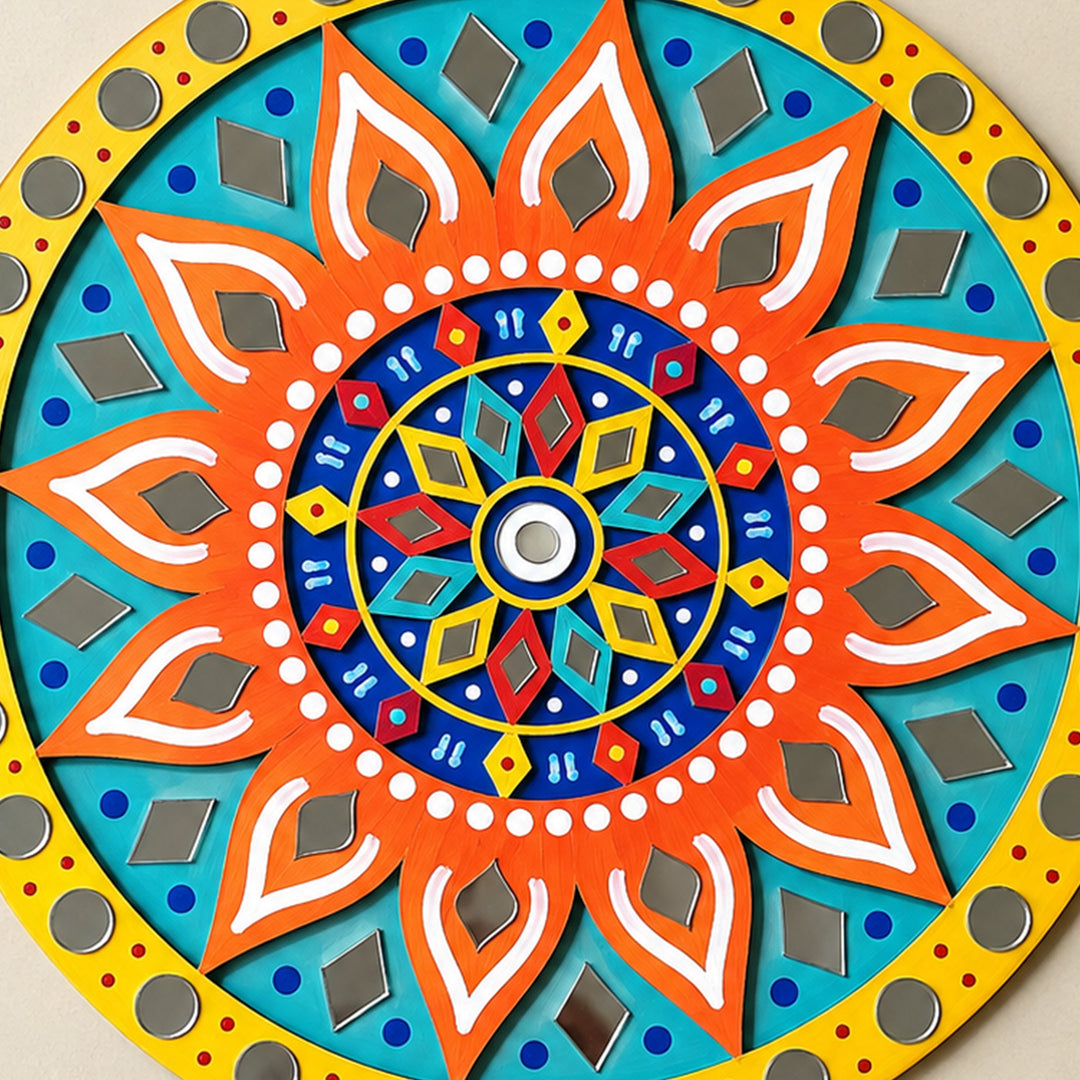 Hand-Painted Orange & Blue Floral Mdf Rangoli For Festive Decor