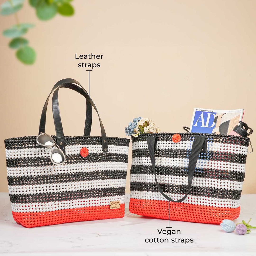 Black & White Striped Mukhya Knot Handmade Koodai Beach Bag