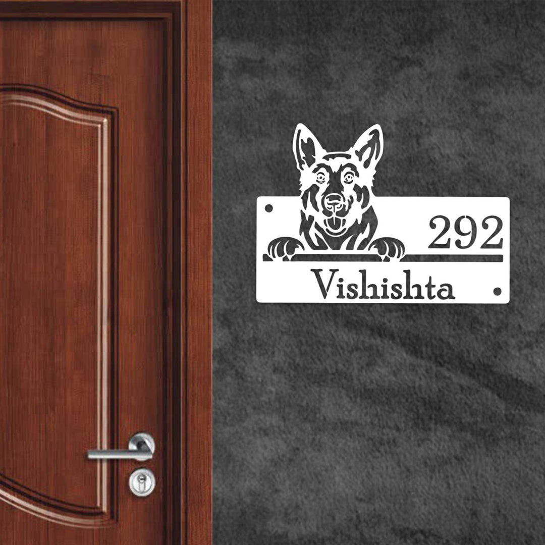 Personalized Weatherproof Artistic Dog Theme Metal Name Plate - Mounted on Wall Next to Door