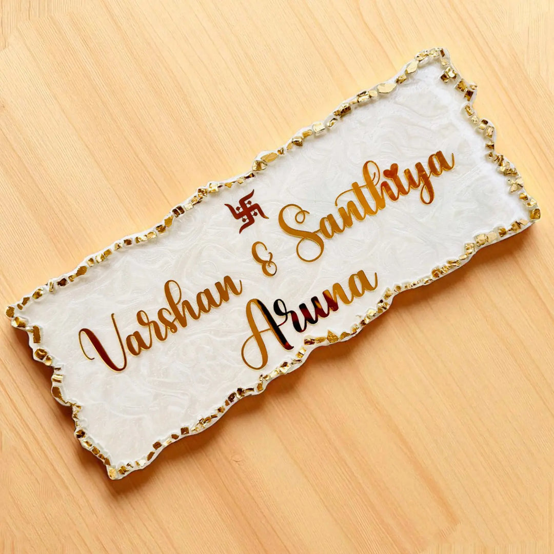 White & Gold Personalized Marble Effect Rectangle Resin Name Plate | With 3D Acrylic Letters & Gold Stone Embellishment