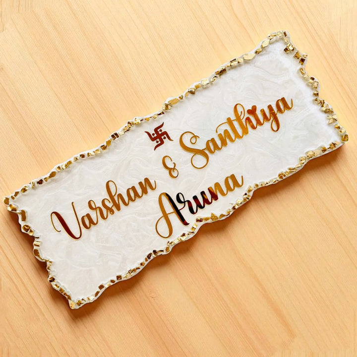 White & Gold Personalized Marble Effect Rectangle Resin Name Plate | With 3D Acrylic Letters & Gold Stone Embellishment
