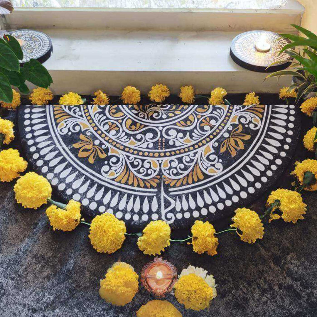1.8 Ft Foldable Fabric Reusable Rangoli Mat | Handmade Iraya Semicircle | Canvas, Anti-skid, Water-resistant