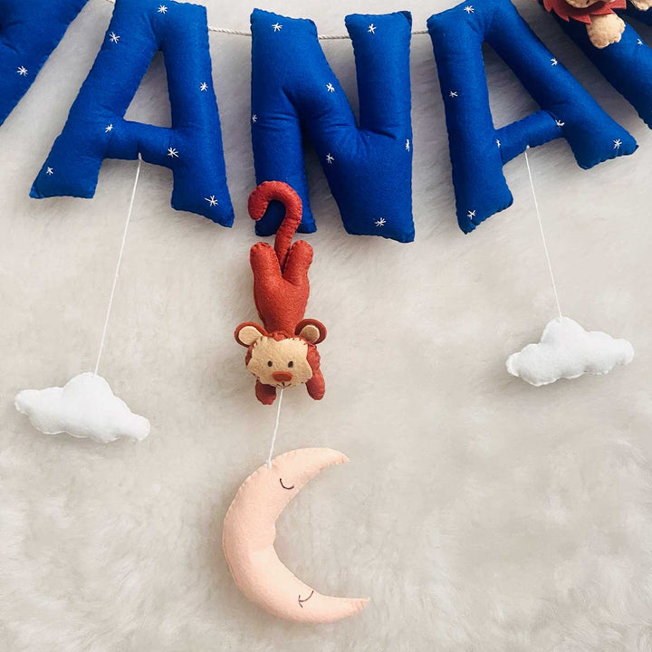 Handcrafted Personalized Animal Kingdom Bunting For Kids - Close-up of Hanging Plush Letters and Charms
