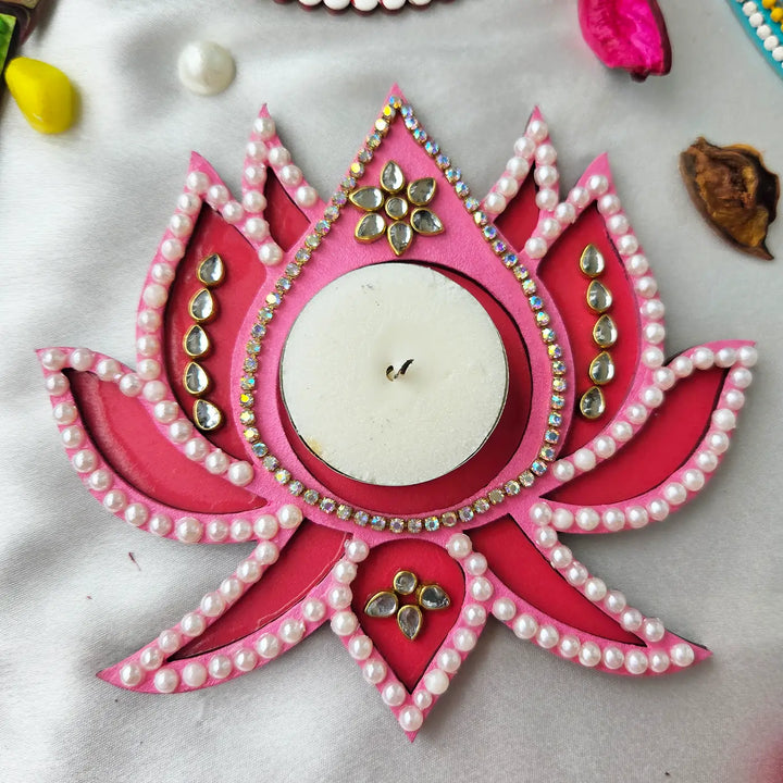 Hand-Painted Beaded Lotus MDF Wood Tealight Holder