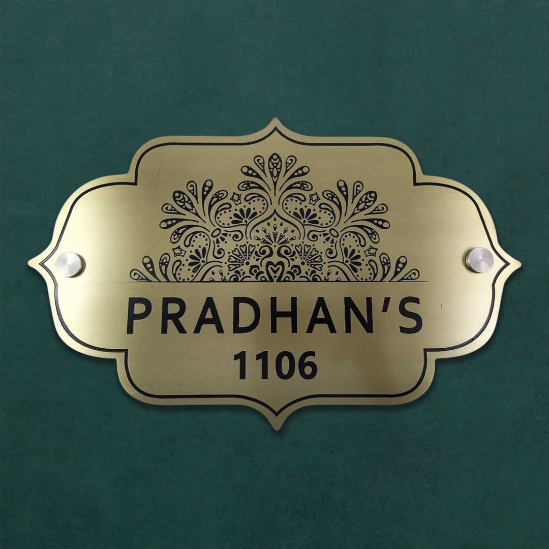 Personalized Weatherproof Elegant Gold Stainless Steel Name Plate 1 - Front View with Wall Mounting Bolts