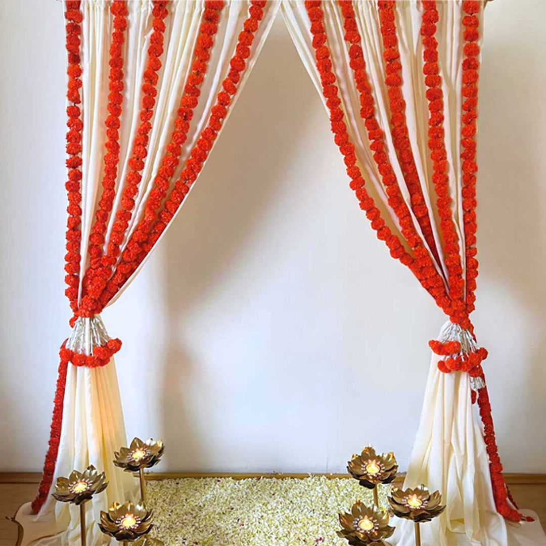 Orange Marigold Garland Backdrop Decor Kit With Stand & Off-White Drapes