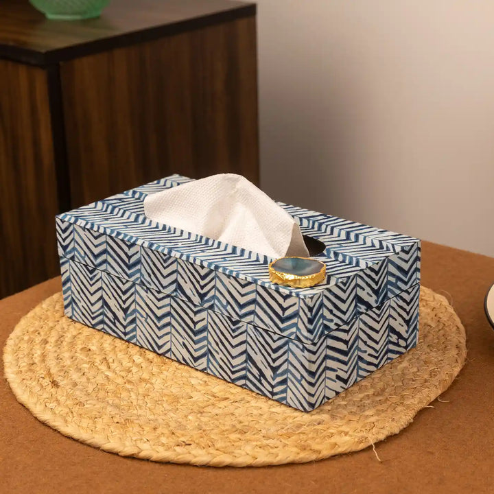 Blue Cotton Fabric Coated MDF Tissue Box With Agate Accent