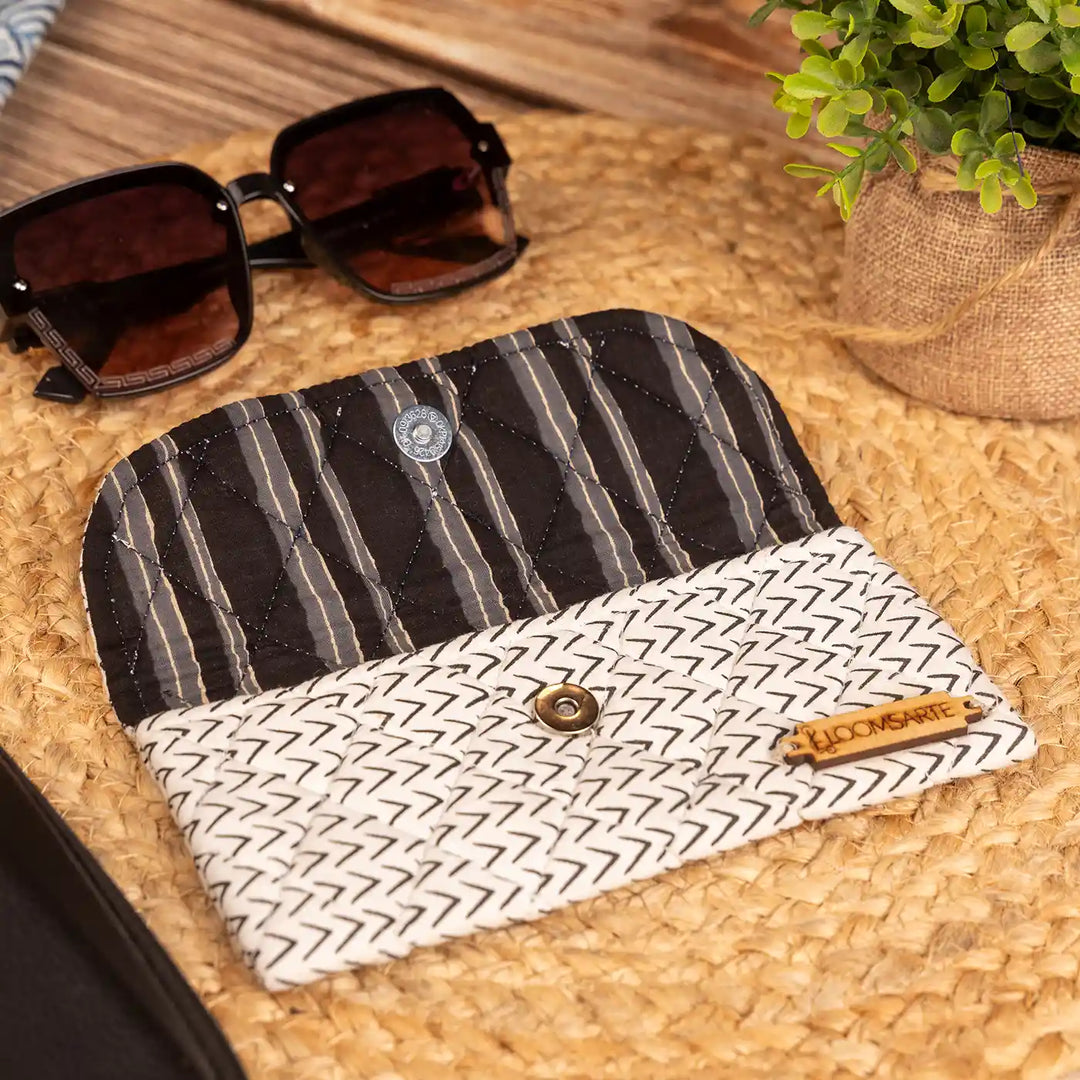 Black And White Cotton Protective & Stylish Ecofriendly Spectacle Case With Agate Accent | 7 x 3.75 inch