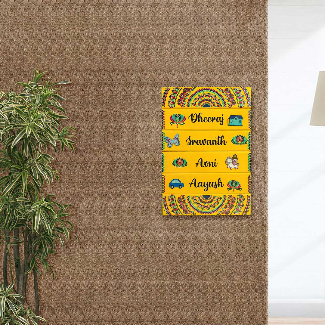 Personalized Hand-Painted Dot Mandala Yellow Vertical Mdf Wood Name Plate For Family