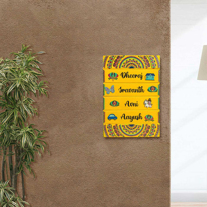 Personalized Hand-Painted Dot Mandala Yellow Vertical Mdf Wood Name Plate For Family
