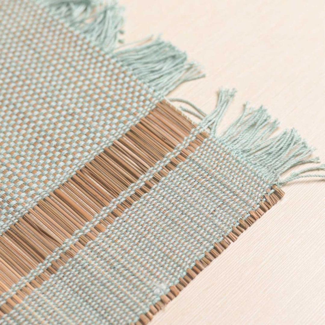 Hand Woven Double Striped Madhurkati Green Table Runner & Table Mat