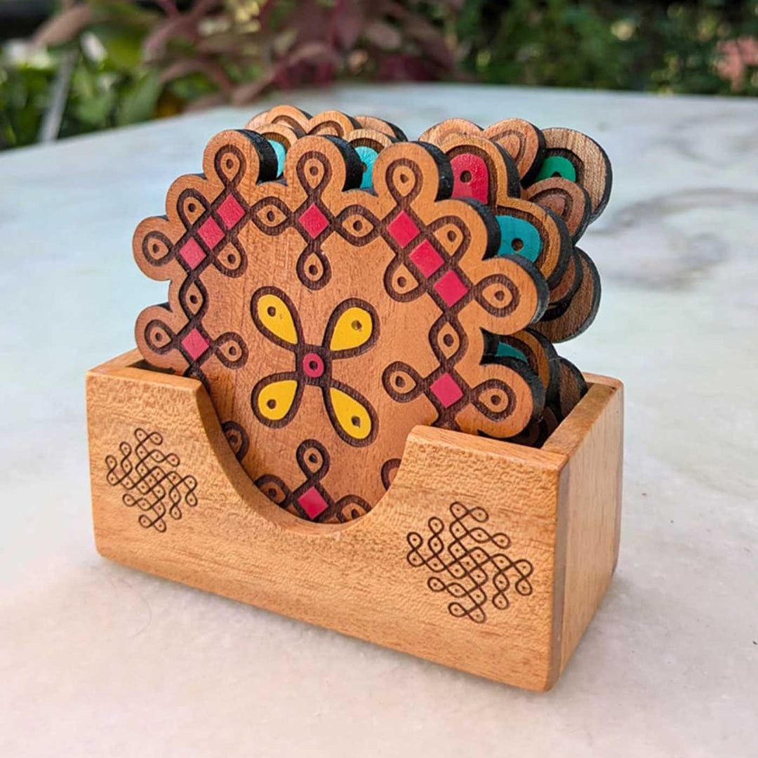 4 pc | Hand-Painted Engraved Mahogany Wood Kolam Coasters With Holder For Coffee Table & Dining Decor