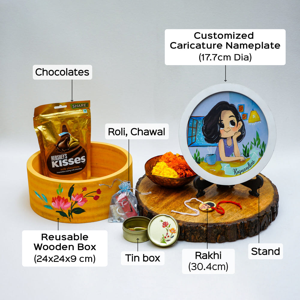 Personalized Rakhi Hamper With Caricature Nameplate 1 - Labeled Product Components