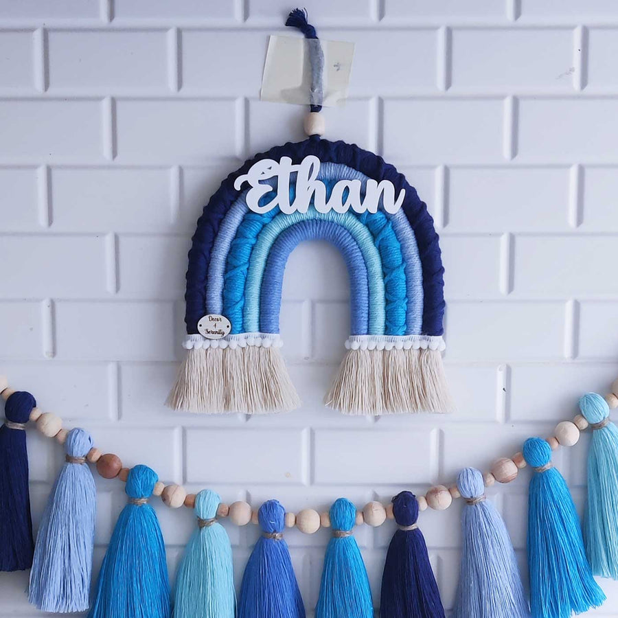 Personalized Handmade Macrame Blue Rainbow And Tassel Garland Combo Kids Name Plate And Bunting Combo With 3D Letters - Hanging Wall Decoration Front View