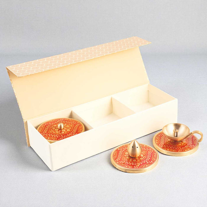 Hand-Painted Sanskaar Brass Gift Hamper | Includes 1 Diya, 1 Incense Holder, 2 Containers And 1 Gift Box
