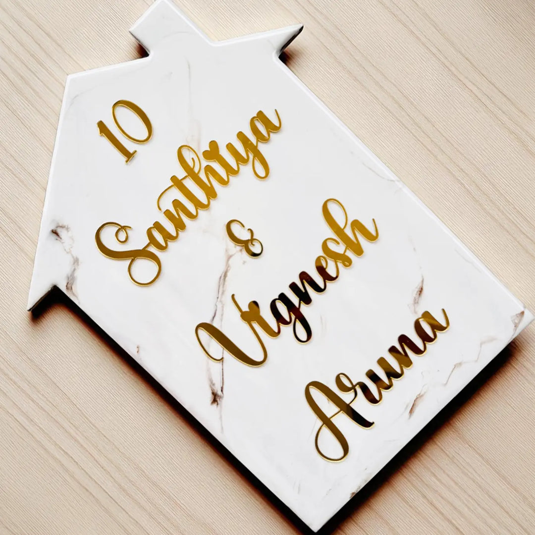 White Minimal Personalized Marble Effect House Shape Resin Name Plate | With 3D Acrylic Letters